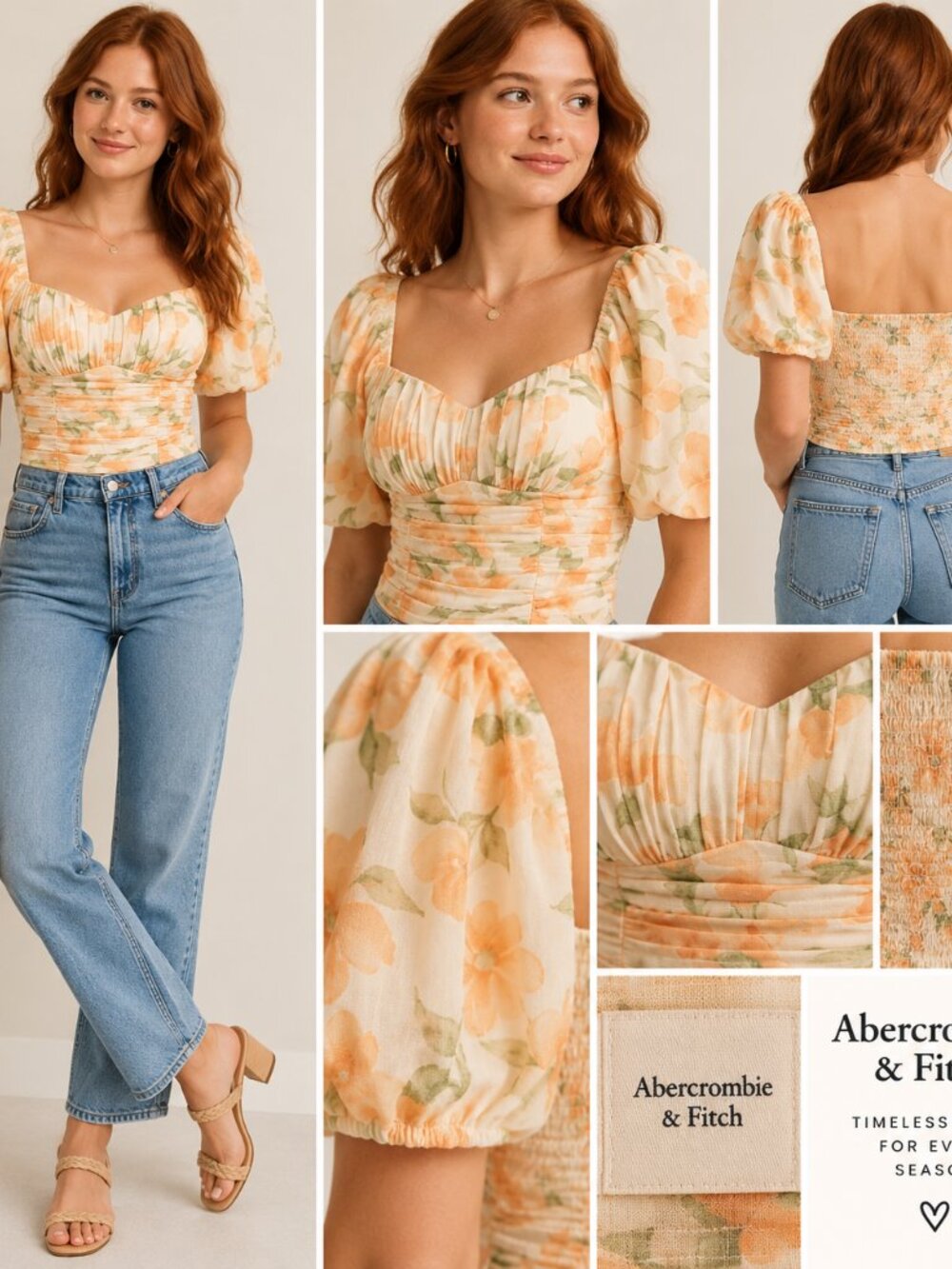 Abercrombie & Fitch Floral Ruched Puff Sleeve Top Coquette Sweetheart Sz Small